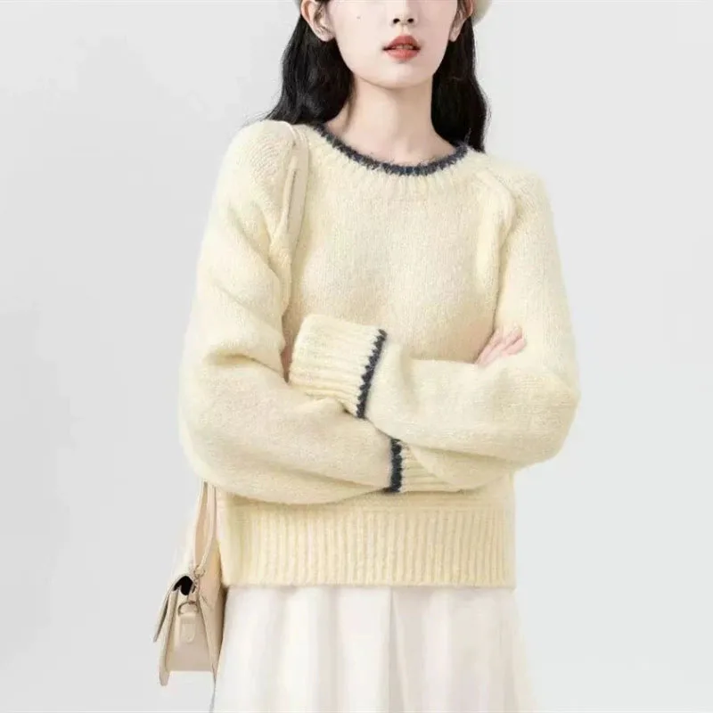 

Woman Autumn Winter Thick Soft Jumpers Korean Style Casual Knitted Pullovers Women Contrast Color Round Collar Cropped Sweater