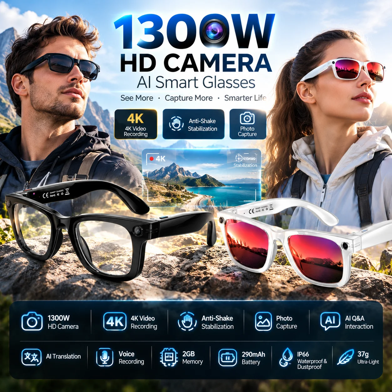 LIGE 2026 New 1300W Pixels Smart Glasses 4K HD Camera Video Recording AI Translation 3D Surround Sound BT Call Smart Sunglasses