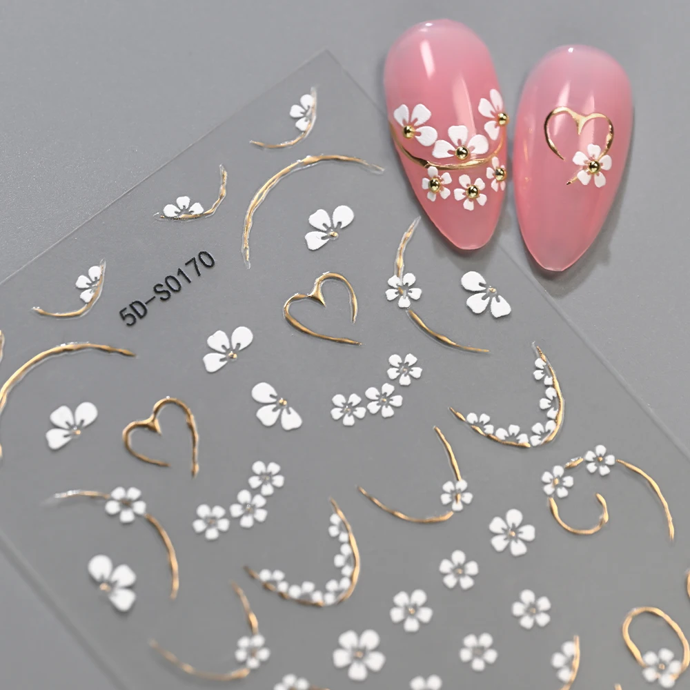 1Pcs 5D Gold French Line Heart Nail Art Stickers White Flower Lines Self Adhesive Nails Decal for Bridal Wedding Manicure Slider