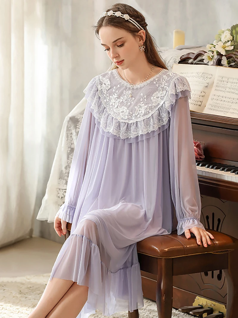 Autumn Spring Women Vintage Princess Fairy Sleepwear Lace Mesh Ruffles Long Sleeve Nightgowns Victorian Homewearjavascript: