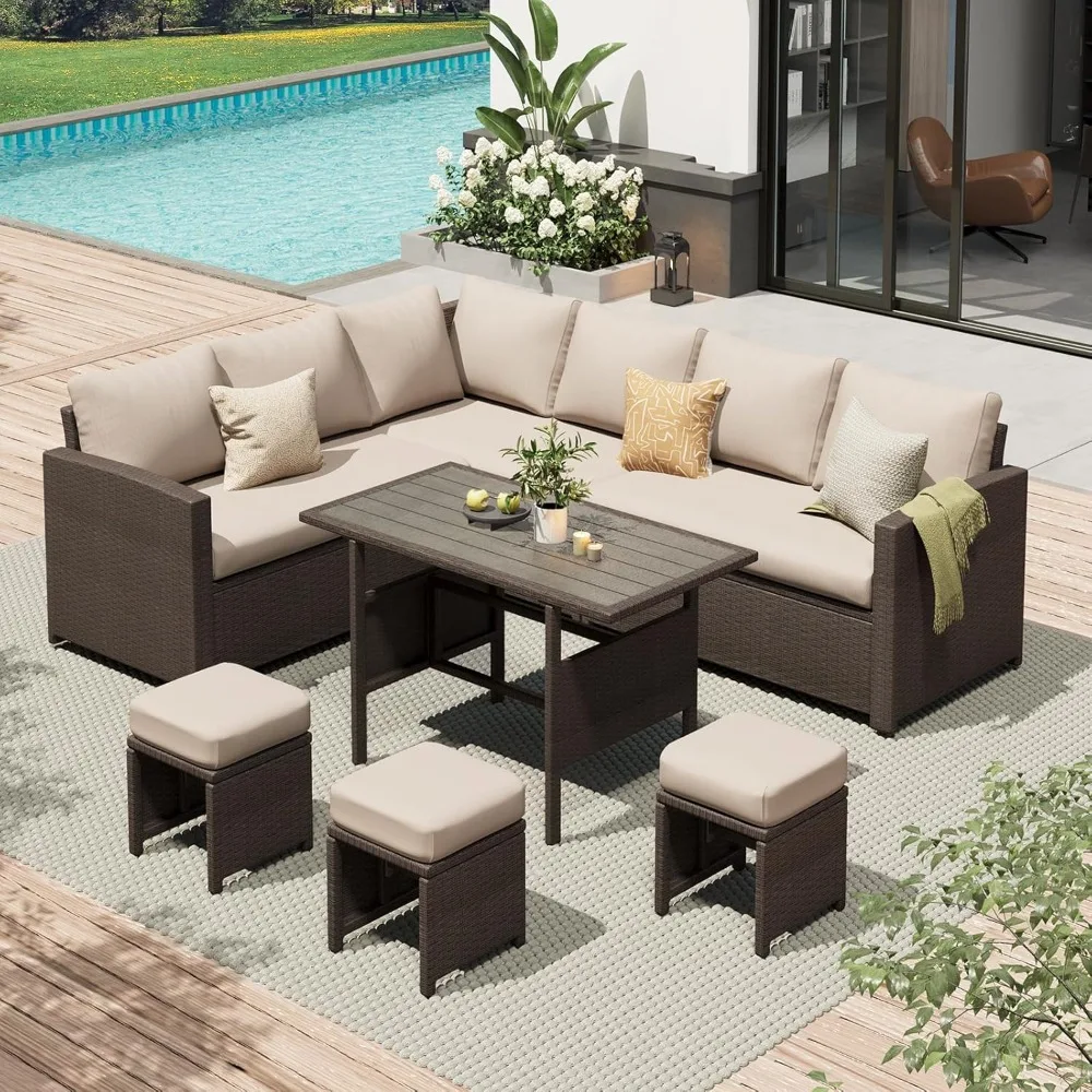 7-Piece Outdoor Patio Rattan Sectional Sofa Dining Set All Weather Wicker Conversation Furniture with Ottoman & Table, Custom