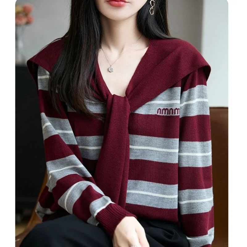 

Loose Long-sleeved Striped Shawl Knitted Pullover Top for Women's Autumn Winter Sweater Fake Cardigan