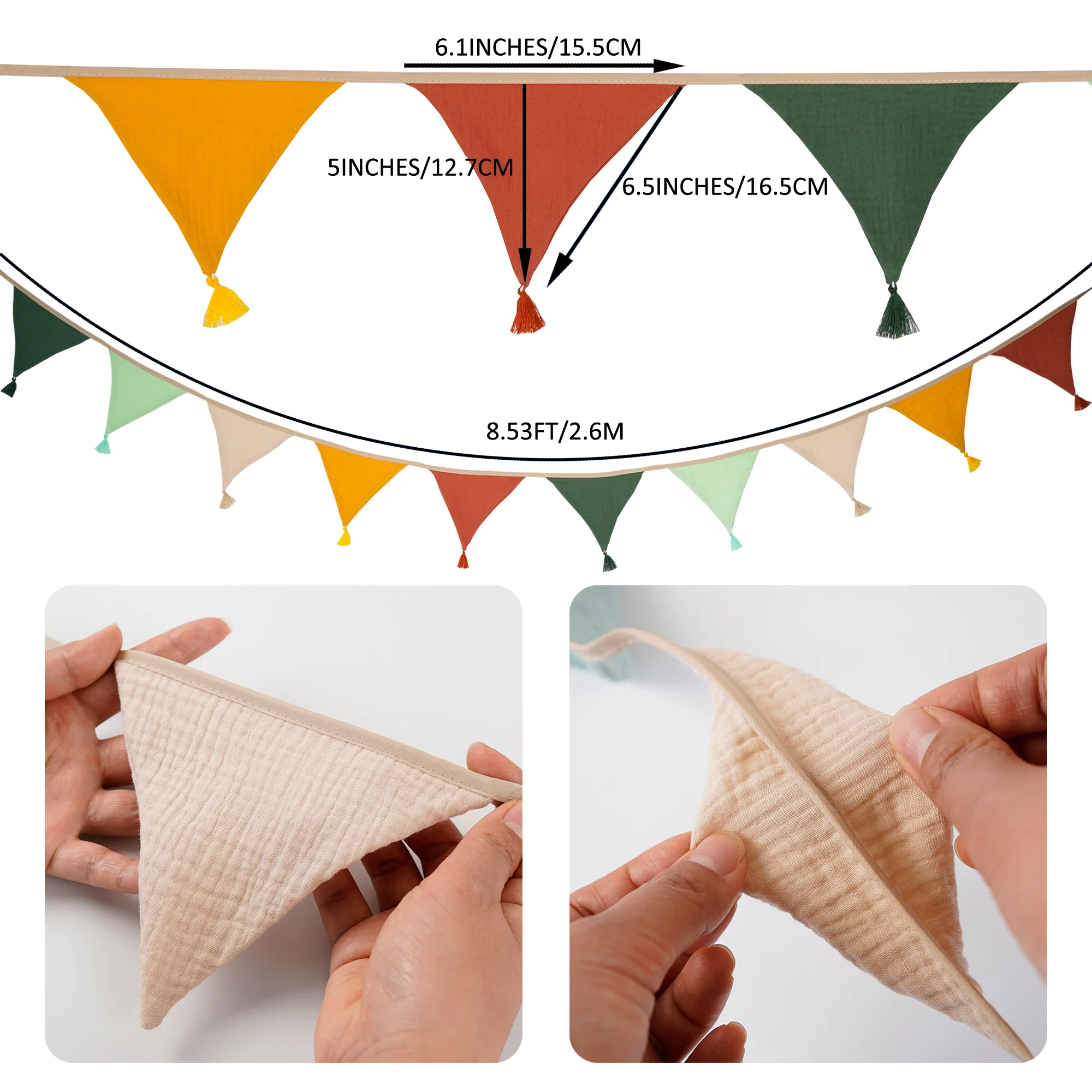 2.6M/8.5FT Nursery Fabric Bunting 10 Triangle Pennant Flags With Tassels Party Decor Banner Home Baby Shower Carnival Garland