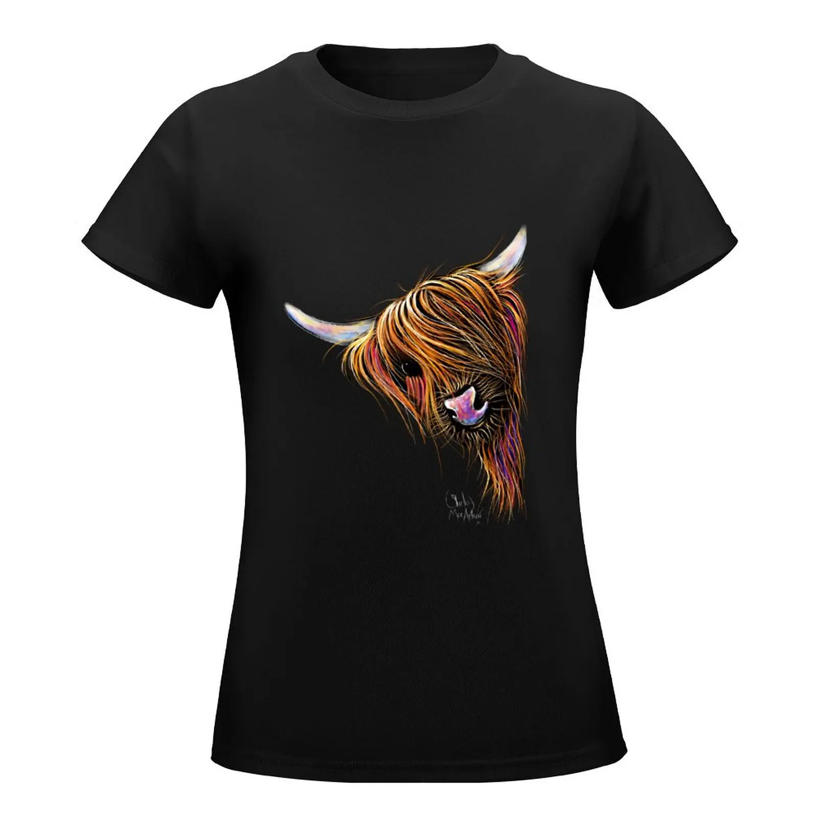 CoW PRiNT SCoTTiSH HiGHLaND ' NooDLeS oN GReY ' by SHiRLeY MacARTHuR T-Shirt shirts graphic tees t-shirts for Women graphic tees