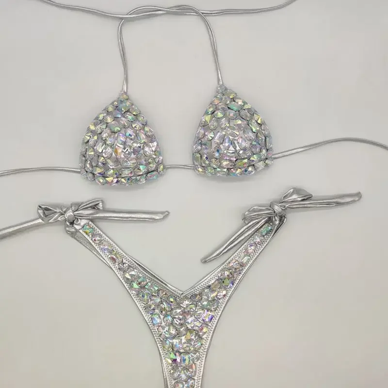 

Luxury Bikini 2 Piece Swimsuit Sexy Women Rhinestone Bra and Thong Set Push Up High Waist Bathing Suit Bling Fashion Beachwear