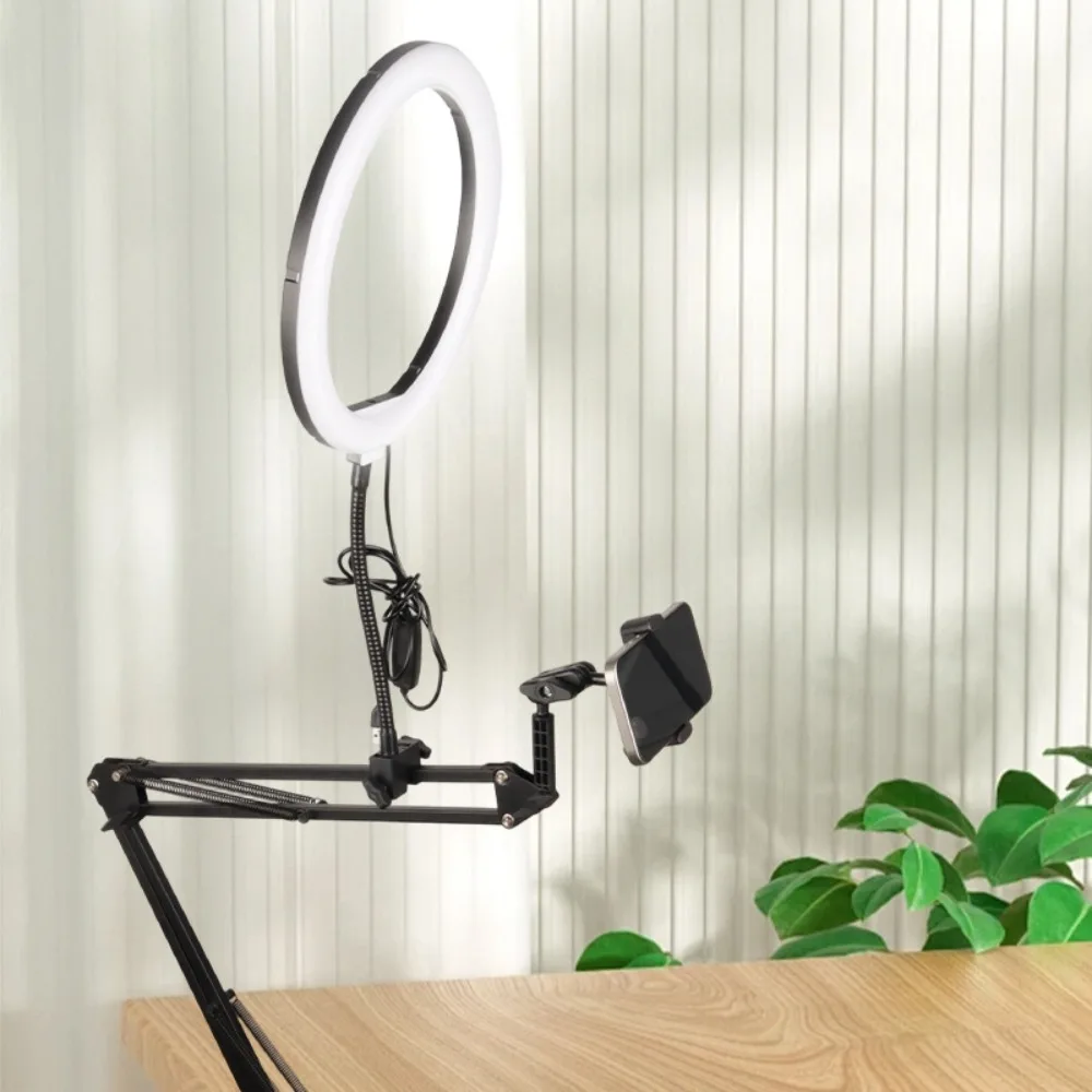 With Fill Light Telescopic Phone Stand Stable Adjustable Height Mobile Phone Holder Portable Universal Clamp Type Phone Holder