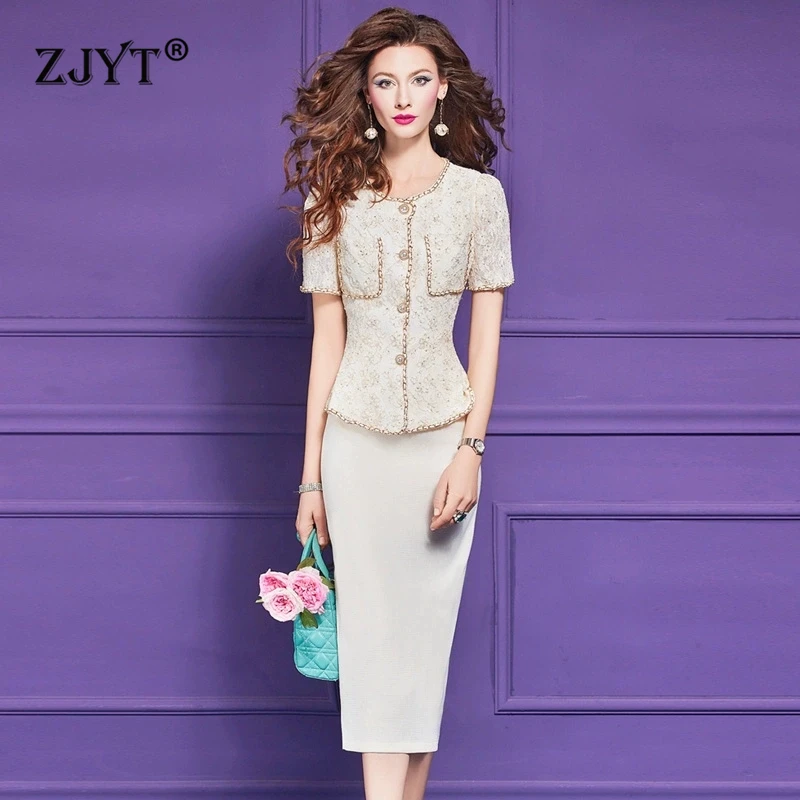 

ZJYT Elegant Business Chic Dress Sets Summer 2025 Short Sleeve Lace Top and Pencil Skirt Set 2 Piece Womens Outfit Office Party