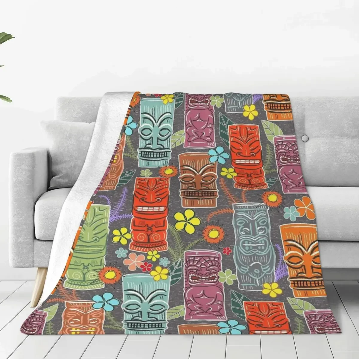 Mid Century Tiki Blankets Fleece Summer Air Conditioning Flower Multifunction Warm Throw Blanket for Bedding Outdoor Rug Piece