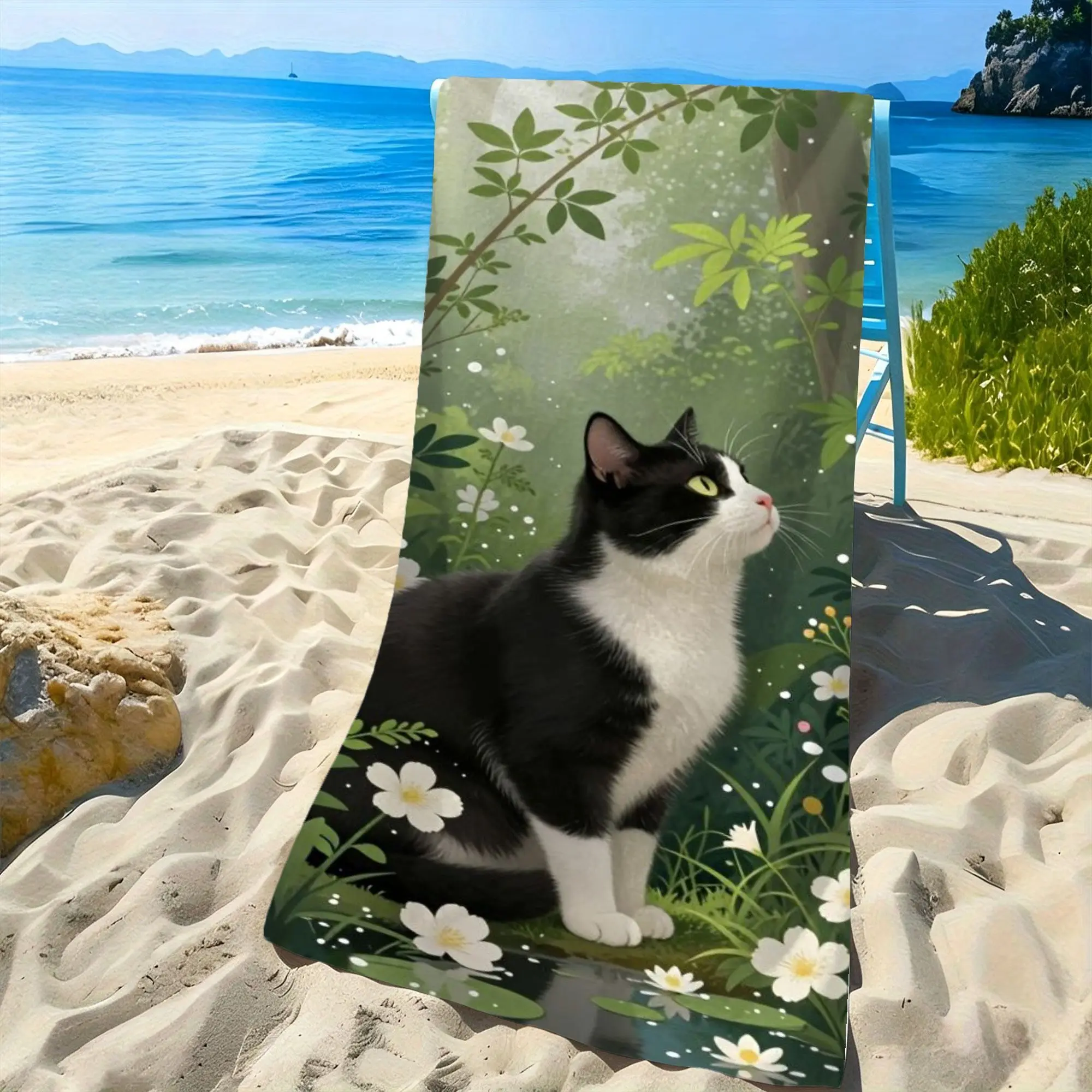 Black White Cat Garden Print Beach Towel Cute Animal Design Swimming Cover Up Holiday Souvenir
