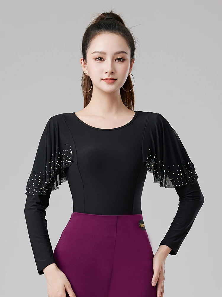 Diamond Long Sleeve Mesh Top Latin Dance Top Women's National Standard Dance Chacha Rumba Tango Modern Dance Costumes DQL11744