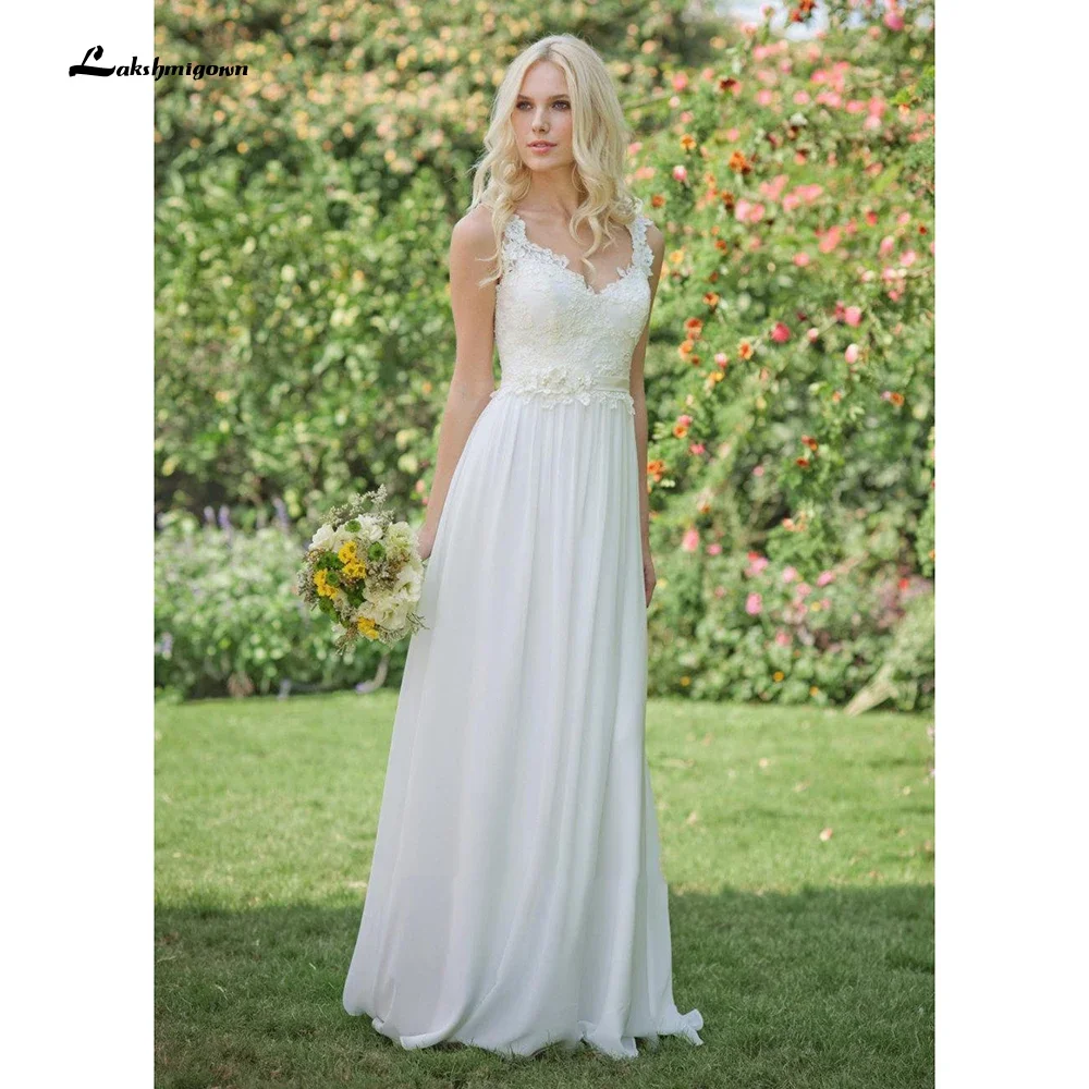 Chiffon Jewel Floral Bridal Floor-Length Long Lace Wedding Dress 2021 Robe De Mariée Sweep Train Bride Gown Vestidos