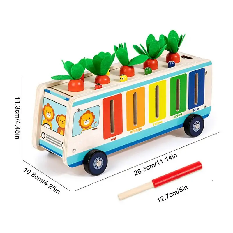 Drewniany zestaw do sortowania zbioru marchewki Drewniany zestaw do sortowania kolorów i kształtów Uroczy projekt autobusu Drewniany sortownik kształtów do szkolnego parkowania na kempingu