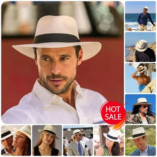 Sombrero de Panamá clásico ajustable hecho a mano para hombre y mujer, sombrero de paja con protección UV para playa