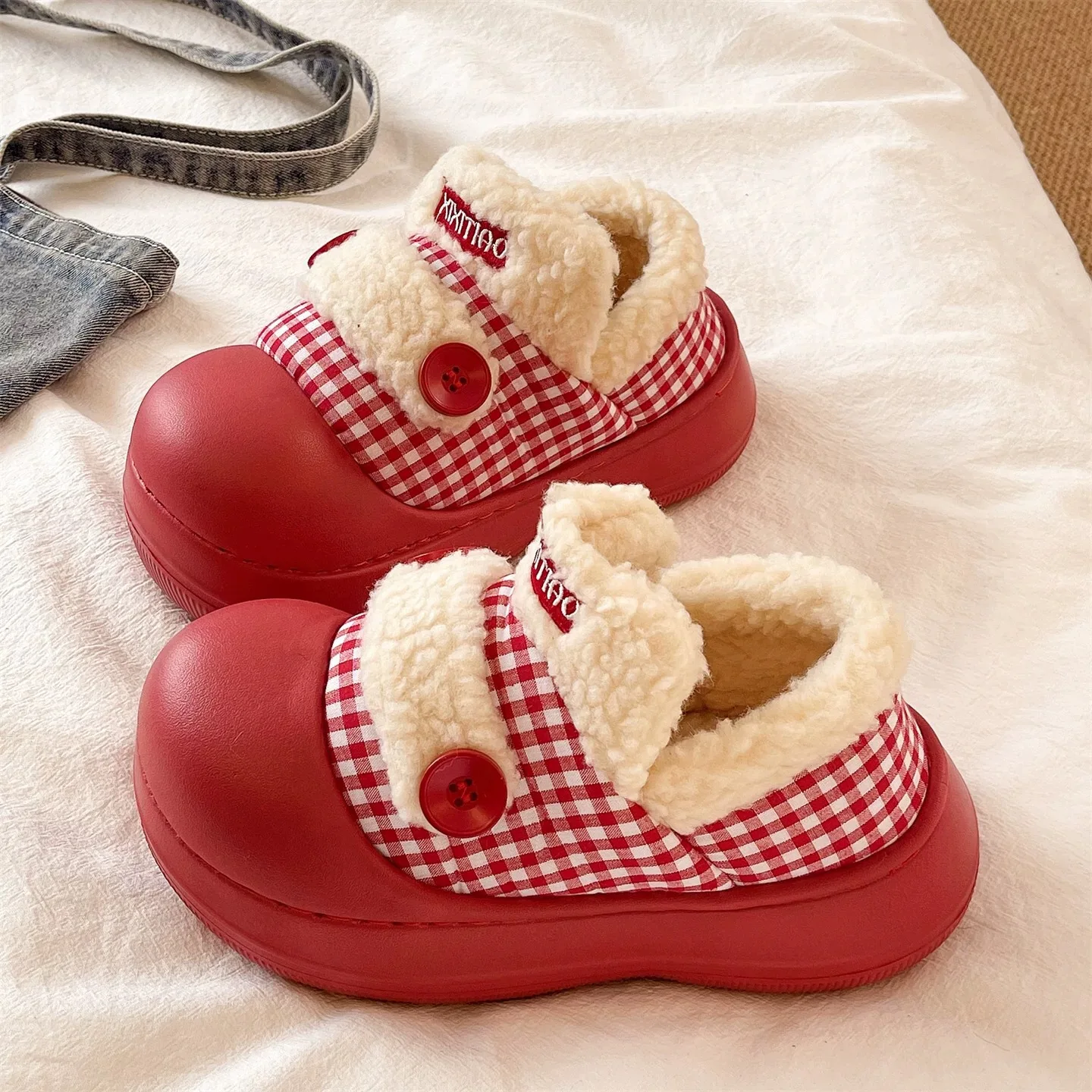

Fashionable Plaid Cotton Slippers Women Winter Indoor and Outdoor Thick-soled Non-slip Plus Velvet Warm Boots Woolen Cotton Shoe
