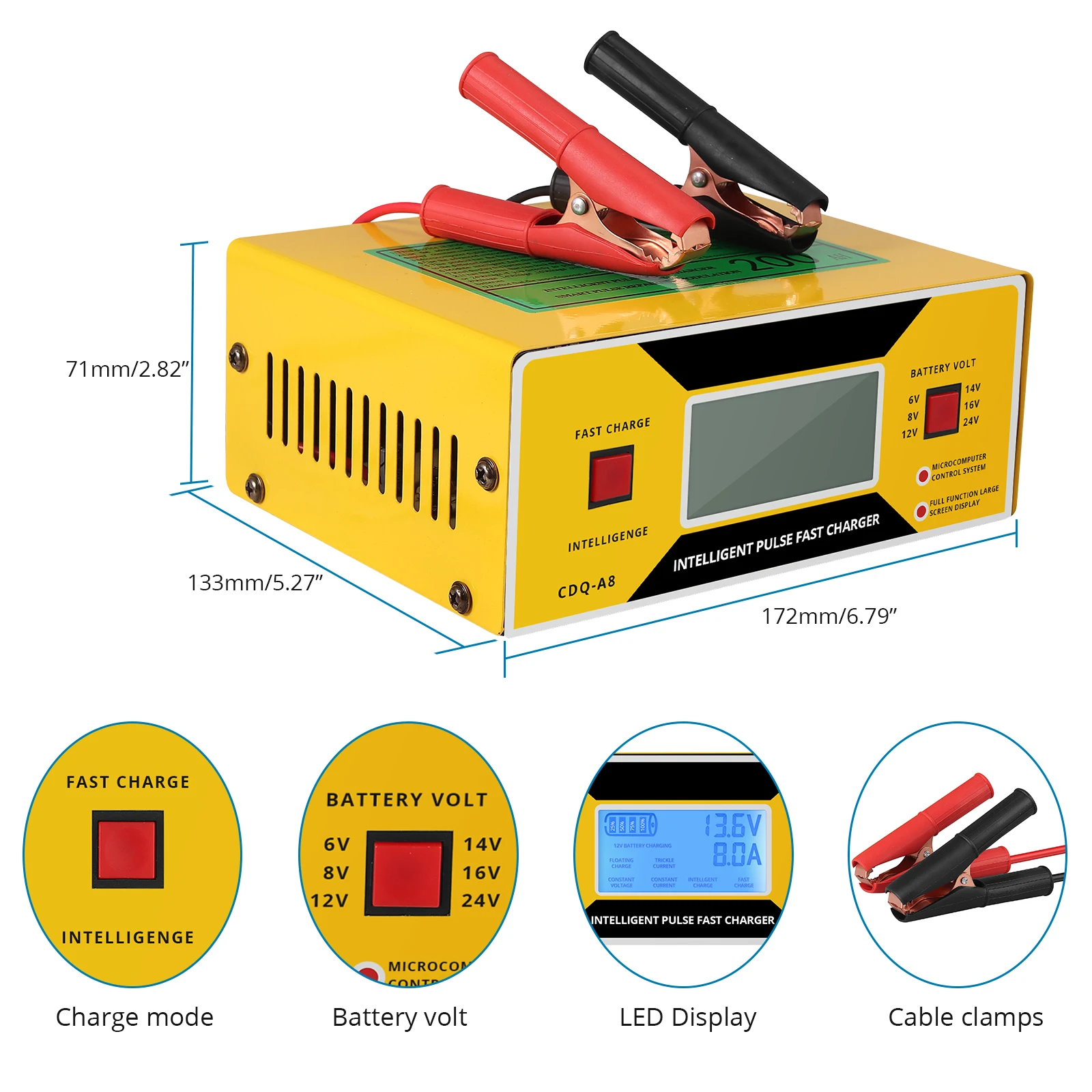 6/8/12/14/24V Battery Charger Automotive Smart Car Battery Charger and Maintainer 0-10A Fully Automatic with Cable Car Battery