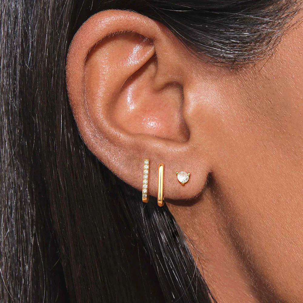 3PCS Fashion 18K Gold Plated Zircon Ear Stud Earrings Set for Women Gold Plated U-Shape Hoop Earring Girl Piercing Jewelry Gift