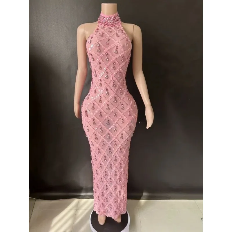 Costume Shiny Diamond Brown Mesh Ladies Temperament High-end Temperament Celebrity Birthday Evening Dresses Woman Elegant Luxury