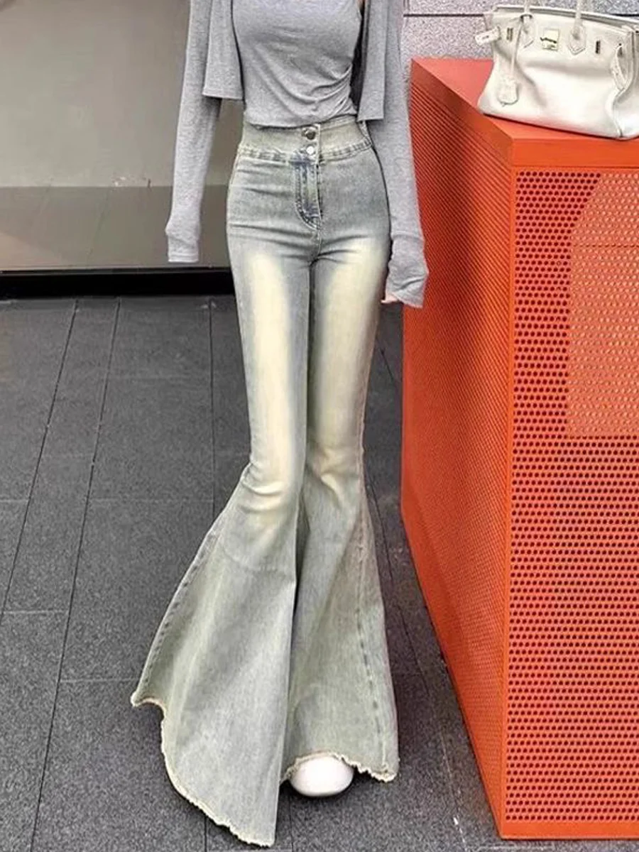 

Retro High Waist Fish Tail Bell Bottom Denim Jeans Women's Summer New Slimming Elastic Frayed Wide Leg Floor Length Pants
