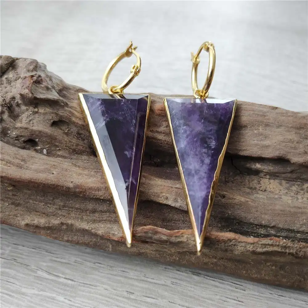 FUWO 1Pair Carved Triangle Shaped Amethysts Earrings,Gold Color Plated Handmade Natural Purple Crystal Hoop Earring ER427