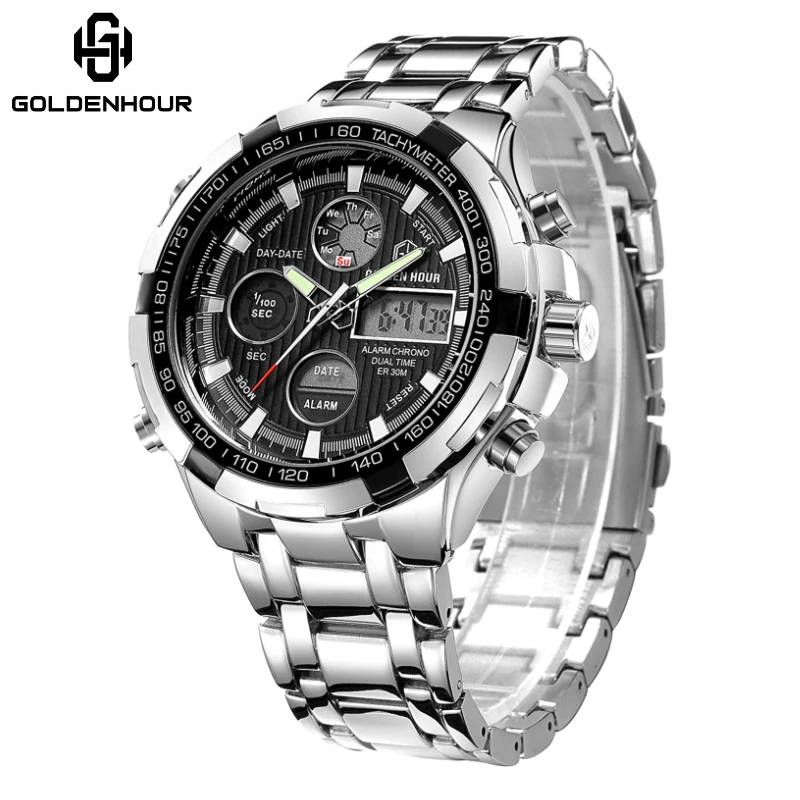 GOLDENHOUR Luxus-Herrenuhr aus Silber mit Stahlband, militärisch, industriell, wasserdicht, LED, digital, analog, Dualzeit, Sport, Relogio Montre
