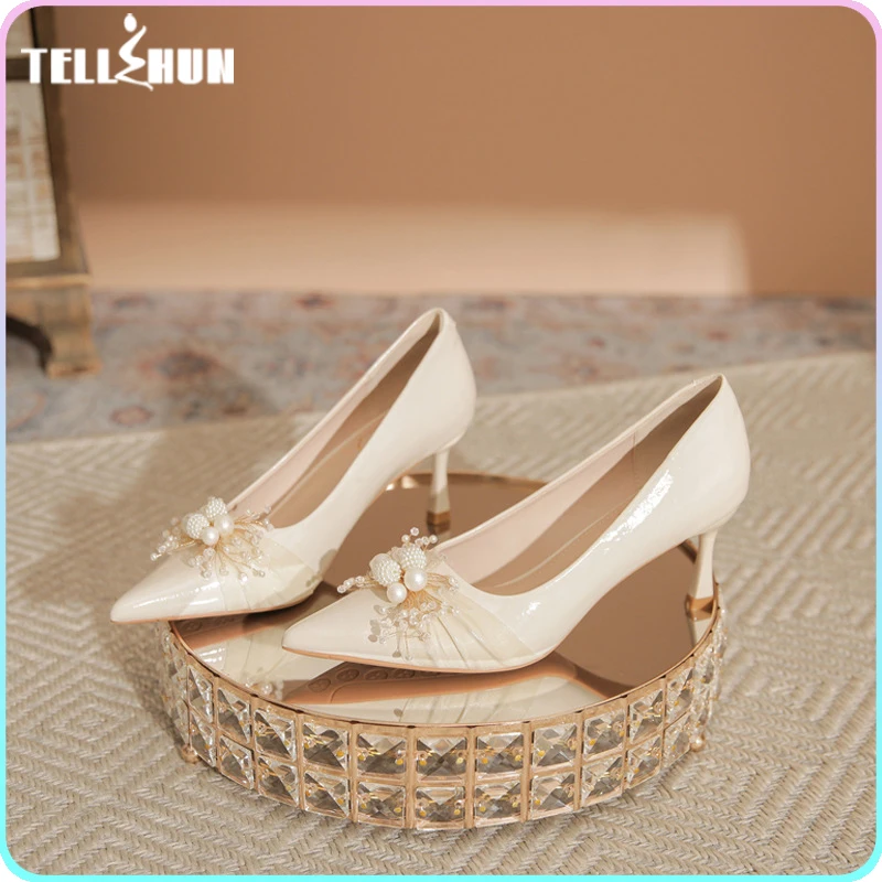 7cm New fashion shallow mouth pearl with beaded sexy high heels pleated bridal shoes wedding dress women white shoes 38 39