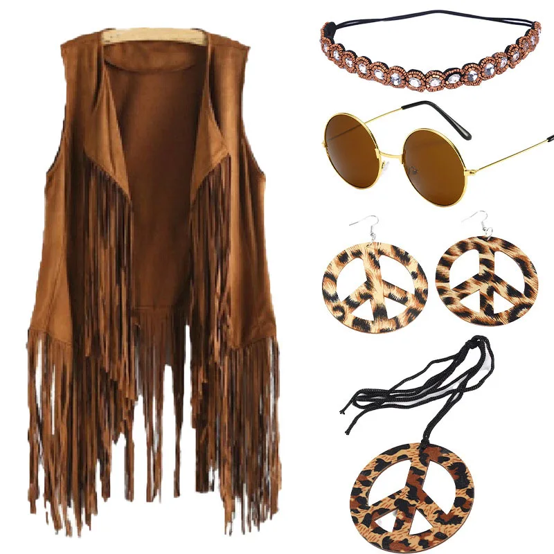 60s 70s Hippie Tassel Outfits for Women Cosplay Costume Set Peace Sign Earring Headband Fringe Vest Stage Performance Cardigan