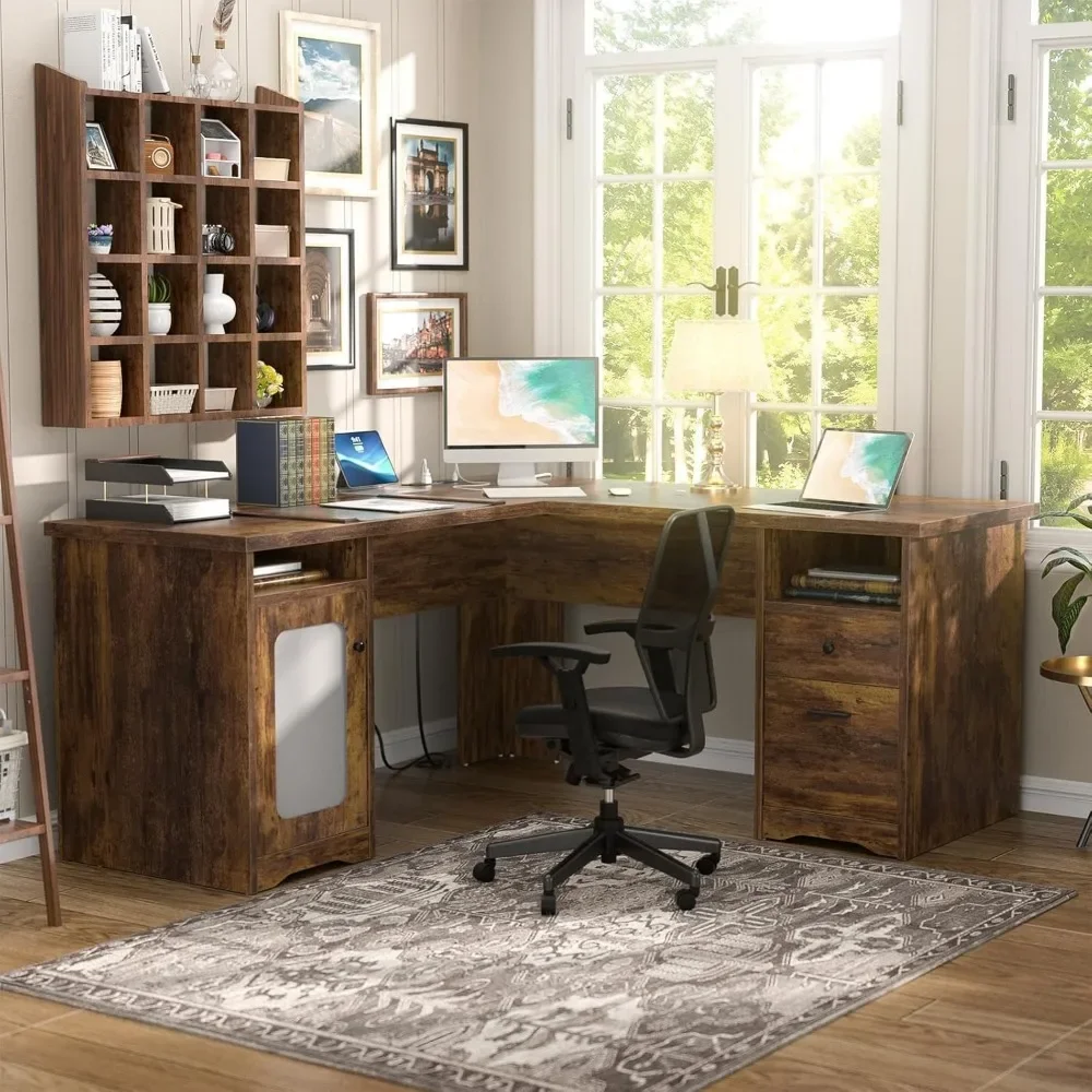 L Shaped Office Desk With Drawers, 60 Inch Corner Desk With Power Outlet And USB Charging Port, Large Computer Desk With File CM