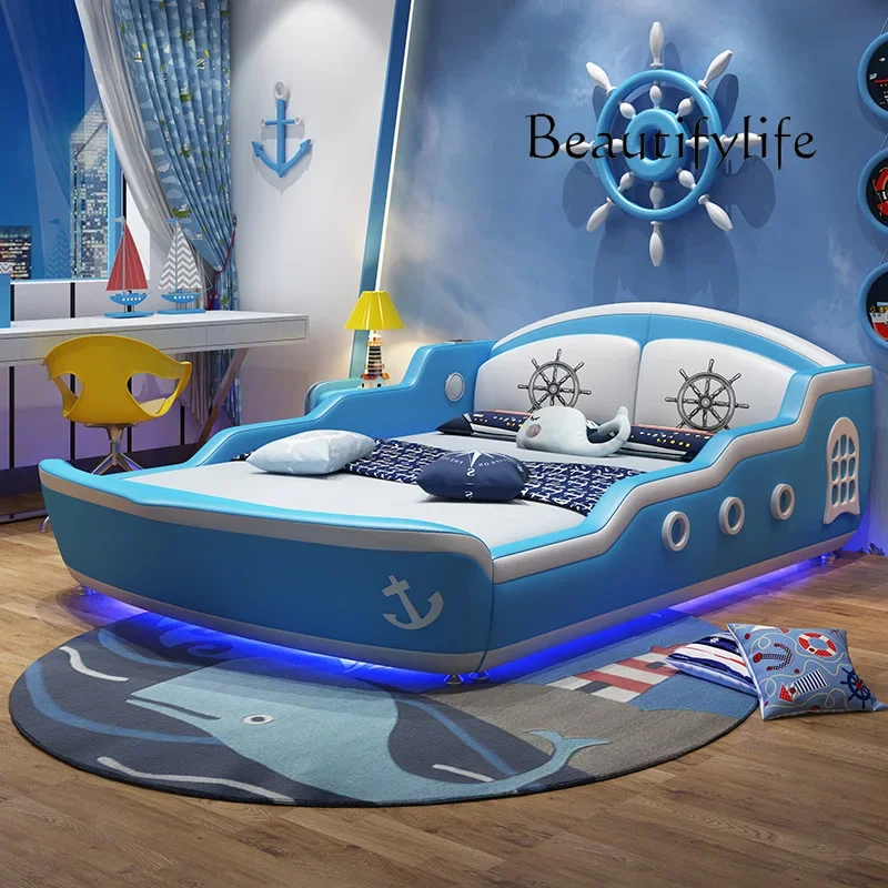 Lit de princesse pour enfants X36, lit simple pour garçon avec barrière de sécurité, lit en bois massif, bateau pirate, lit en cuir économique pour fille, 1,5 m, dessin animé