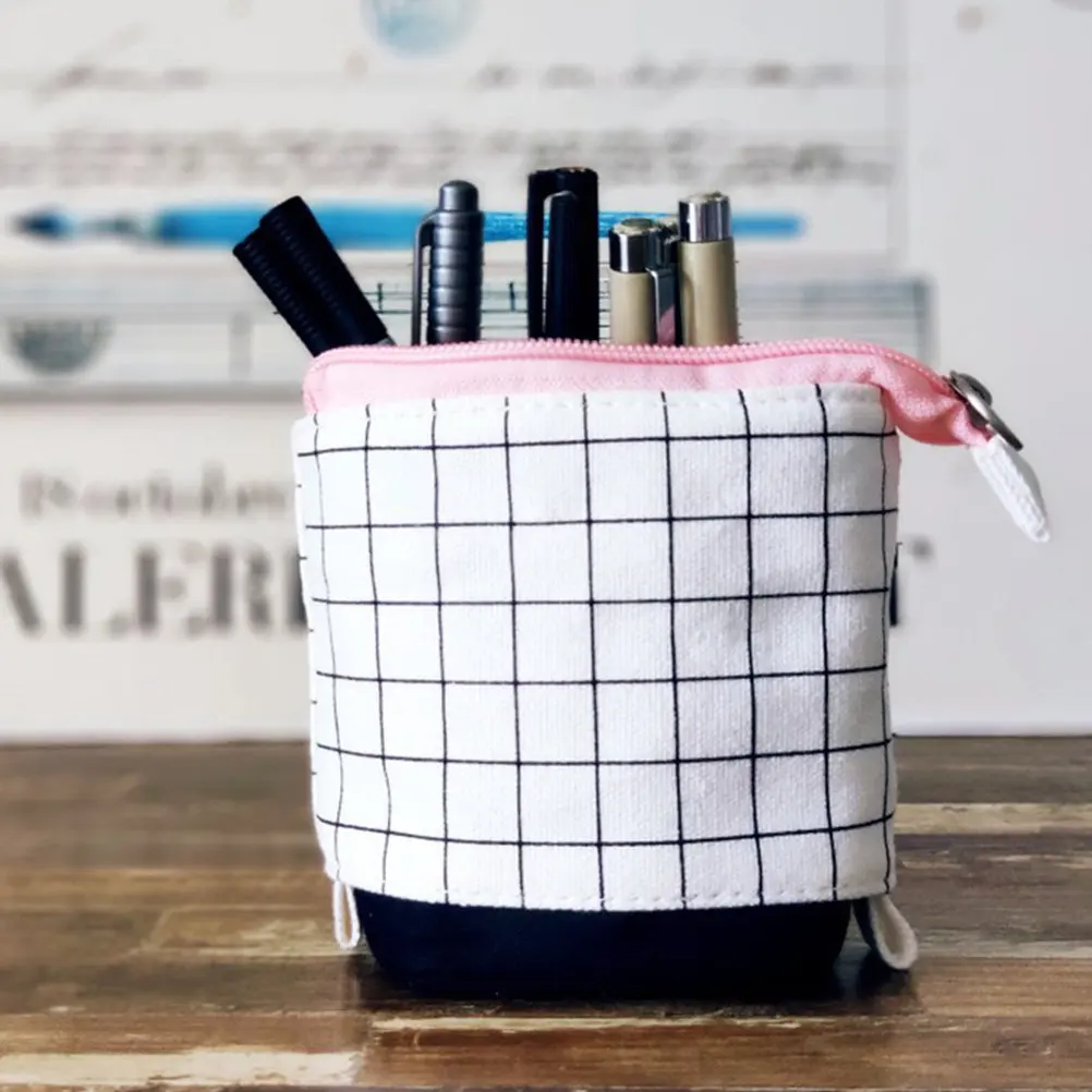 Plaid Pencil Case Adjustable Height Portable Pen Holder Multipurpose Stationery Organizer for School Office