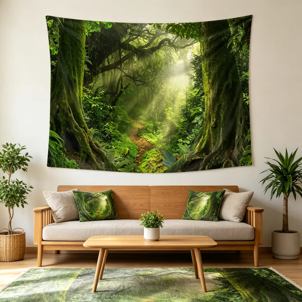 1PC Green Forest Sunlight Art Print Backdrop Banner, Bedroom Living Room Photo Background, Polyester, Home Decor, Wall Art