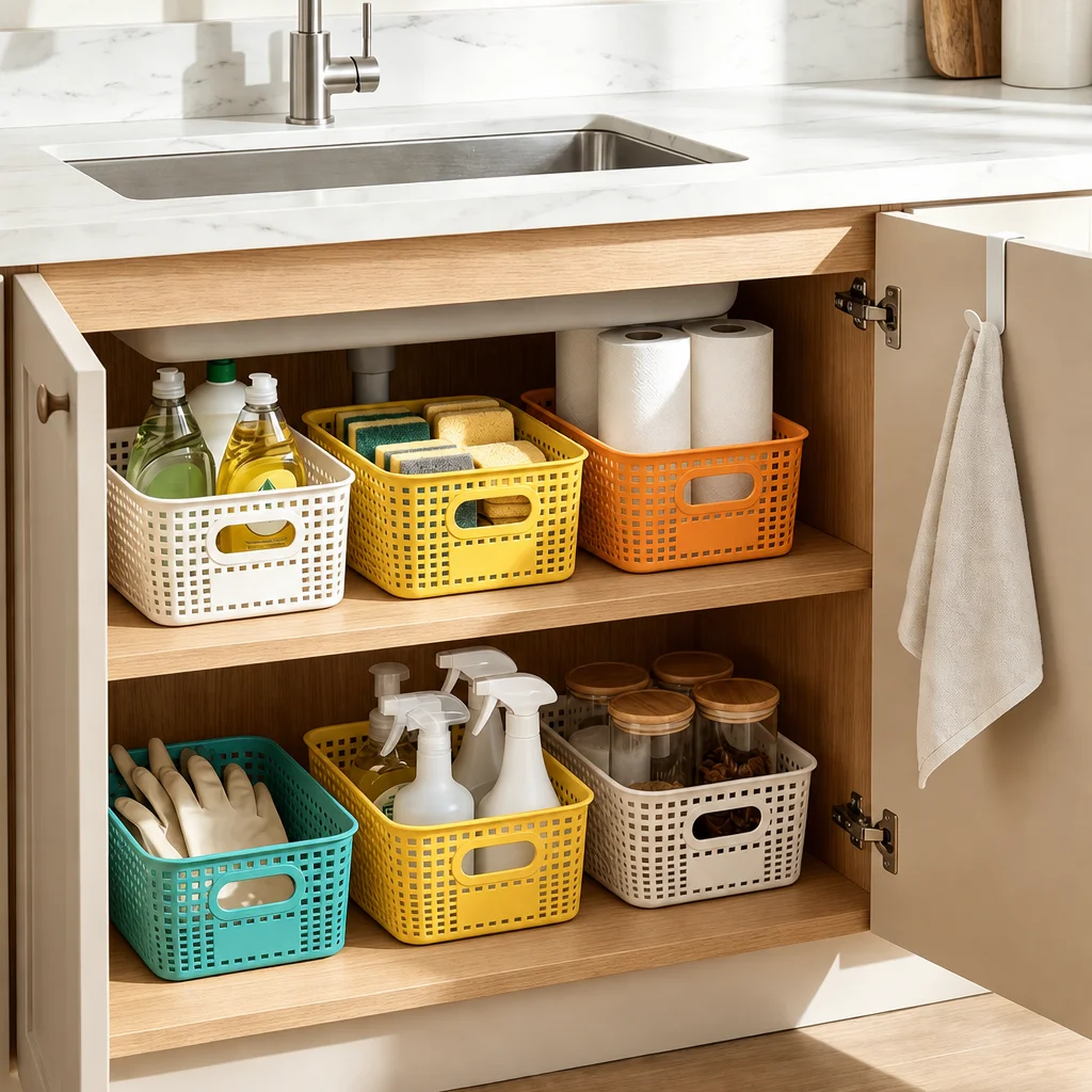 Set of 2 Plastic Storage Baskets, Stackable Small Storage Boxes for Organization, Suitable for Shelves, Drawers, Desks, Closets, Playrooms, Storage Rooms, Classrooms, Offices, and Homes