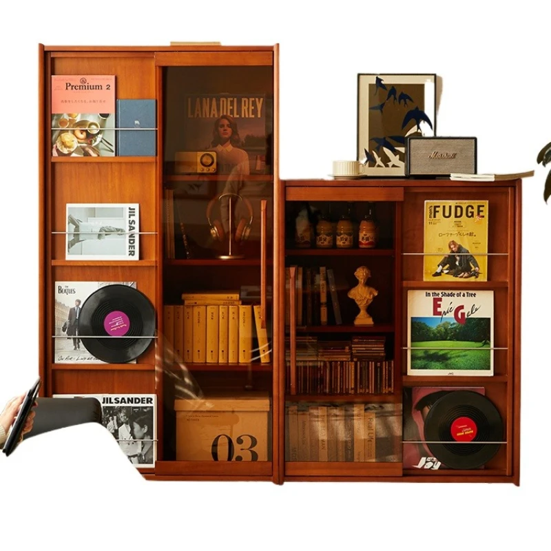 

Solid wood bookcase, household glass door bookshelf, displaying antique retro study magazine cabinet
