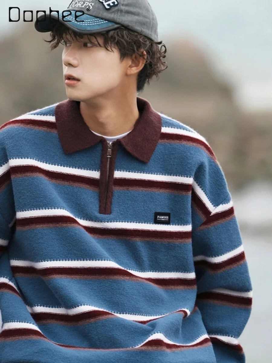 

Spring and Autumn New Japanese Style Men's Blue Half-Zip Sweater Loose Casual Striped Green Navy Blue Turn-Down Collar Knitwear