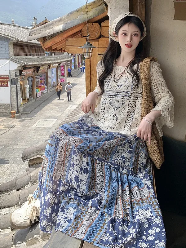 

Летний новый винтажный комплект из двух предметов: длинное платье на бретельках и модный универсальный открытый кардиган для женщин в повседневном стиле, большие размеры