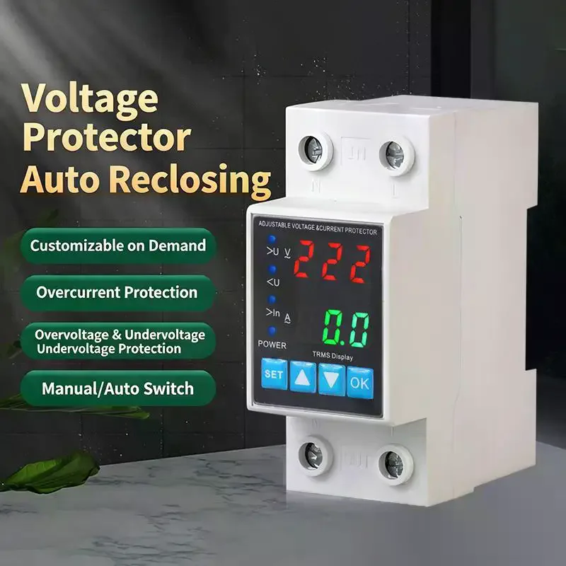 Adjustable Rail Mount Over Under Voltage Protector Dual Digital Display Current Protection Device for Home Electric System