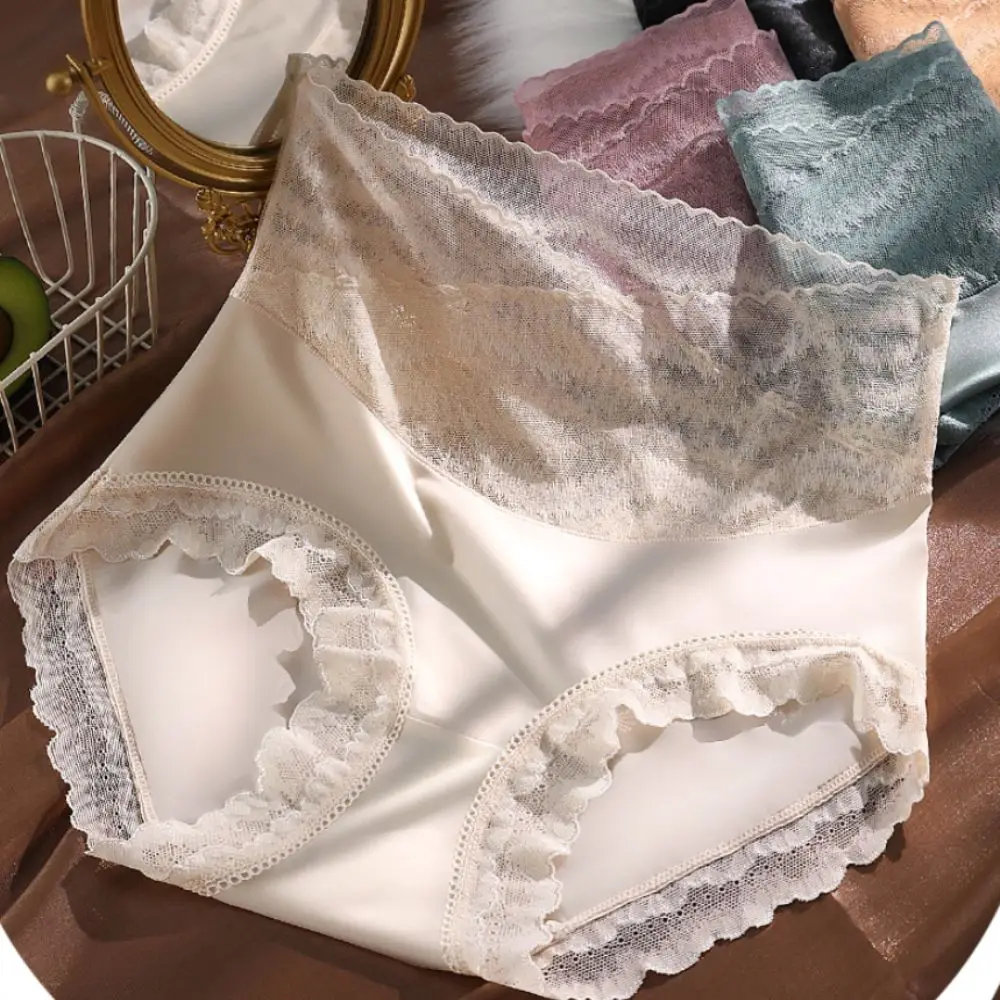 

Дышащие атласные шелковые трусики с высокой талией, бесшовное тонкое женское нижнее белье с контролем живота, милые кружевные сетчатые трусы на каждый день