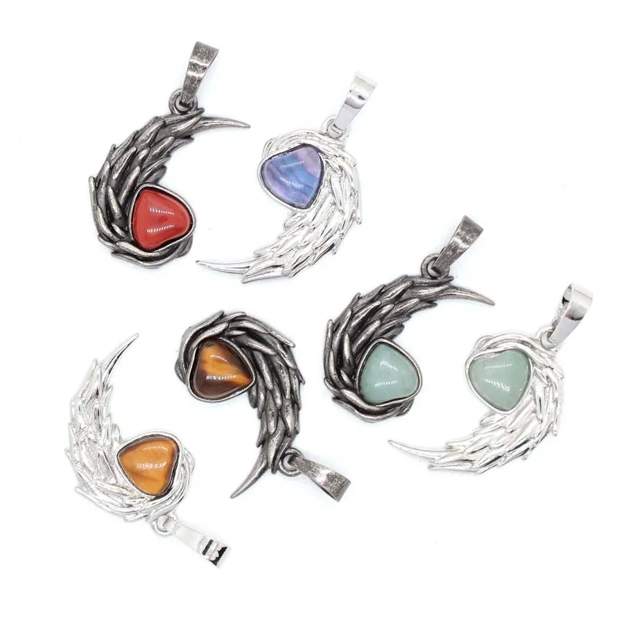 Natural Healing Crystal Heart Stone Pendants For Lover Amethyst Rose Quartz Charms Sweetheart Angel Wings Love Jewelry Gifts