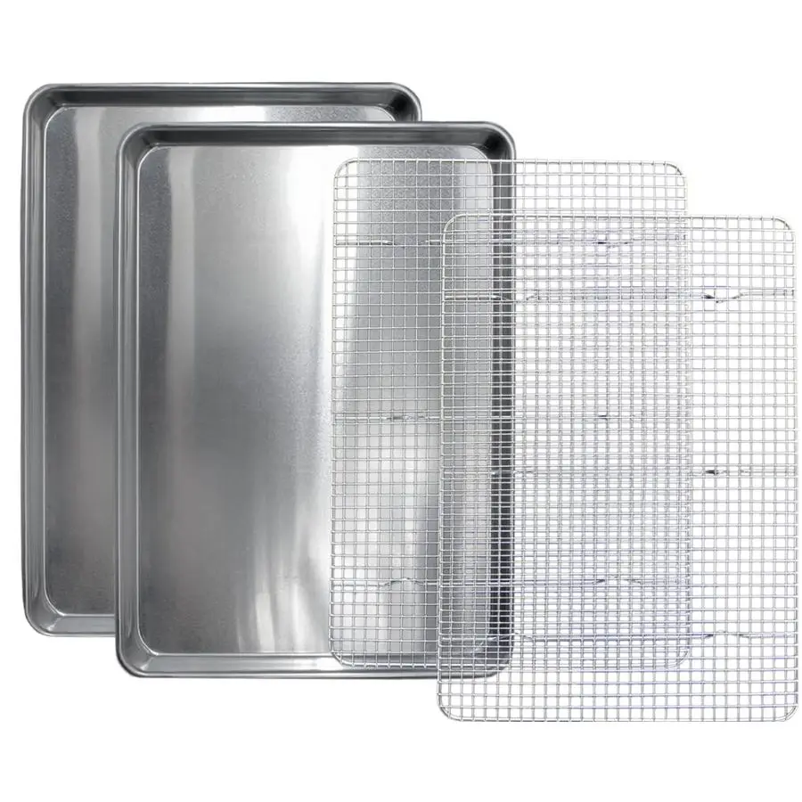 

Набор из 2 противней для выпечки и 2 решеток для охлаждения: алюминиевые противни половинного размера и решетки из нержавеющей стали, 13x18, цвет ржавый серебристый.
