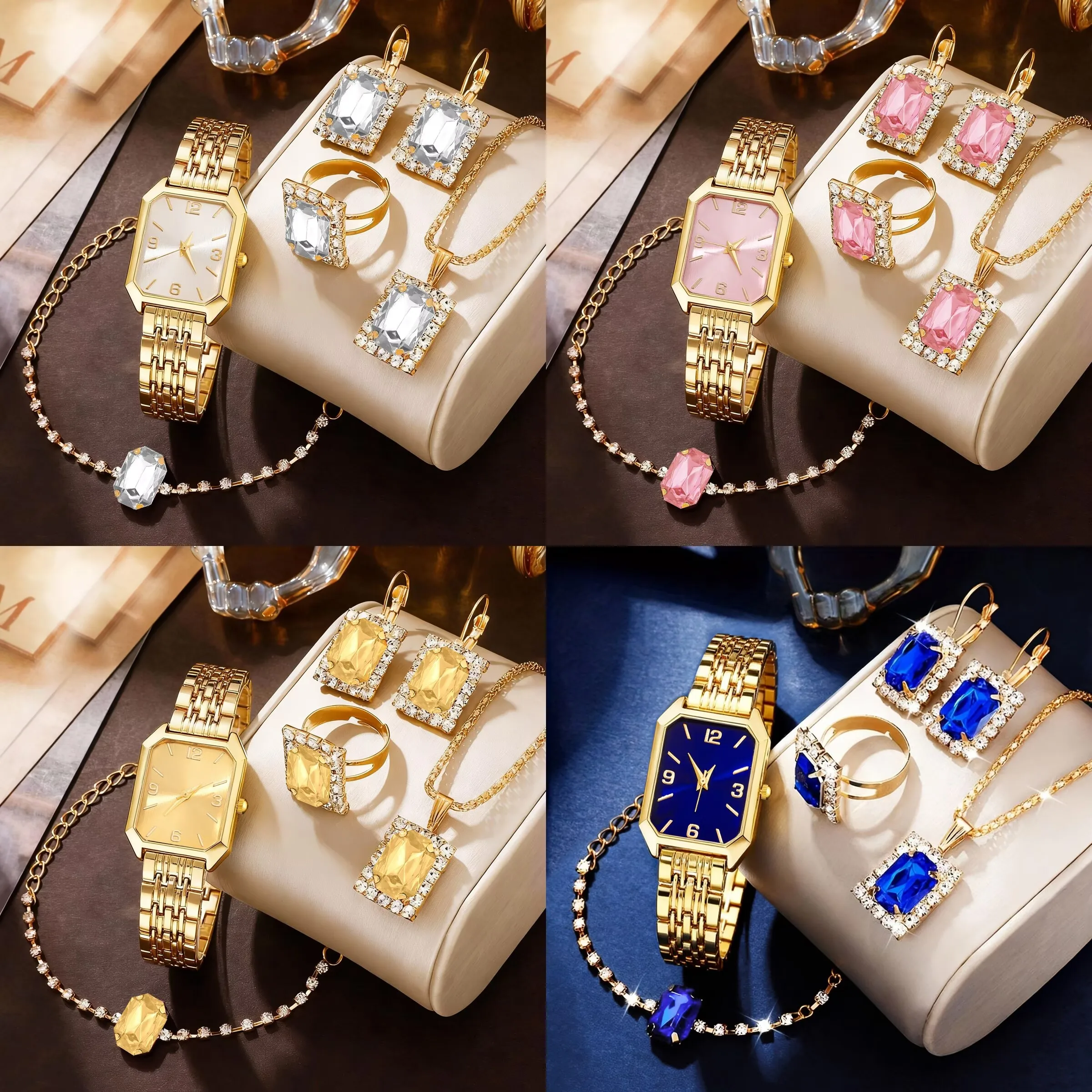 6pcs Women Gorgeous Exquisite Square Quartz Watch Set, Valentine's Day,  Halloween, Ramadan, Christmas,Suitable For Daily Wear