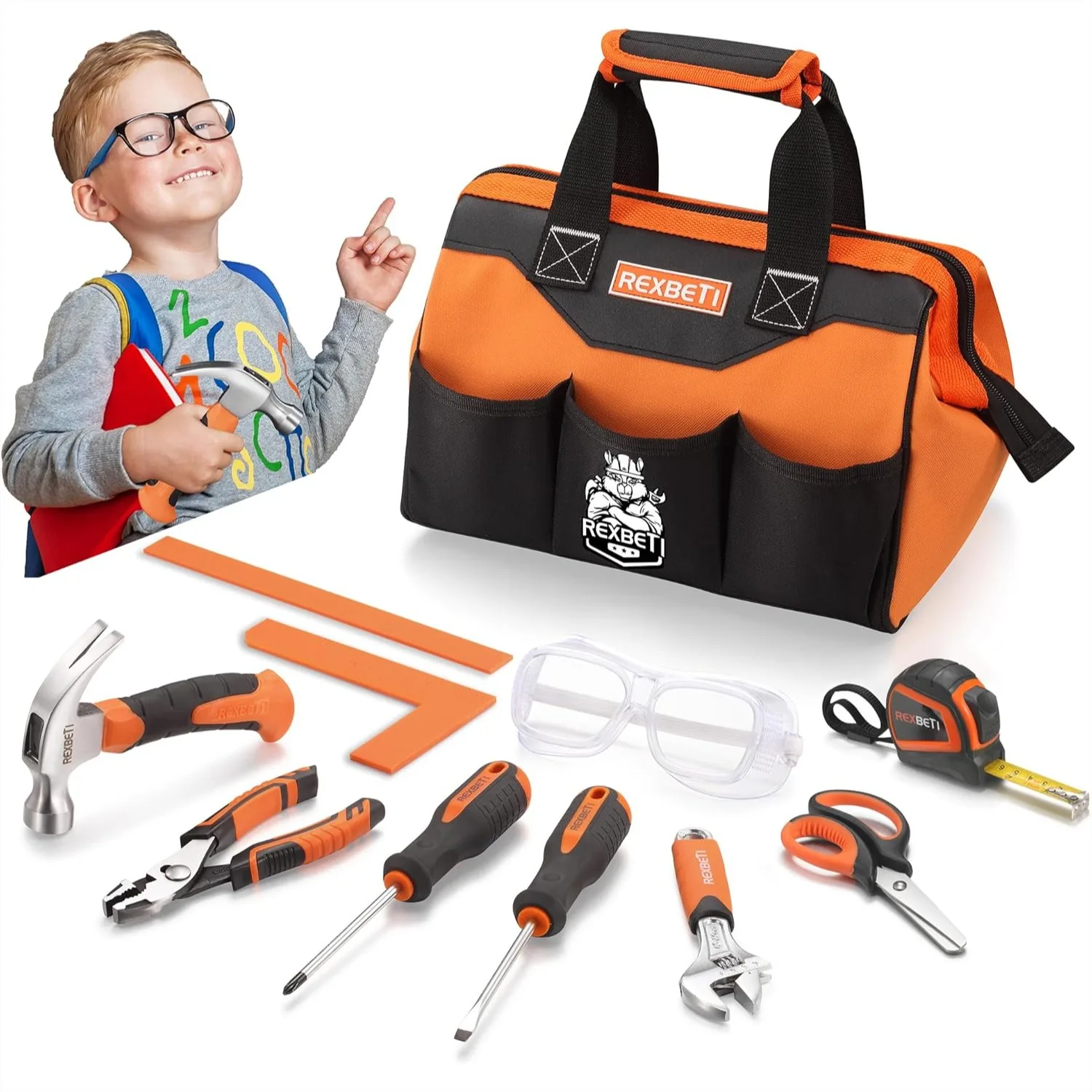 

10-Piece Kids Tool Set with Real Hand Tools, Orange Storage Bag, DIY Woodworking Kit for Ages 6+