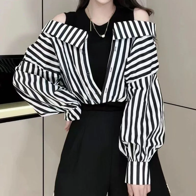 Korean Casual Striped Spliced Fake Two Pieces Shirt for Female Fashion All-match Off Shoulder Blouse Autumn Women\'s Clothing