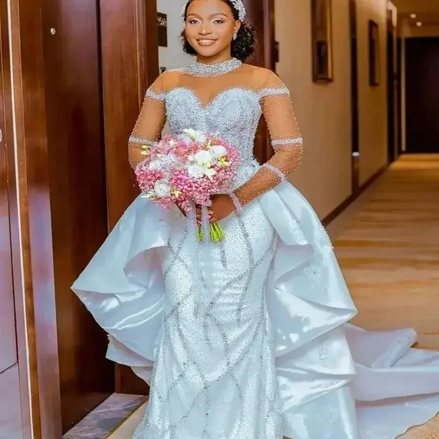 

Свадебное платье с блестящим жемчугом и бусинами по индивидуальному заказу со съемным шлейфом Robe De Mariée, африканские свадебные платья с длинными рукавами