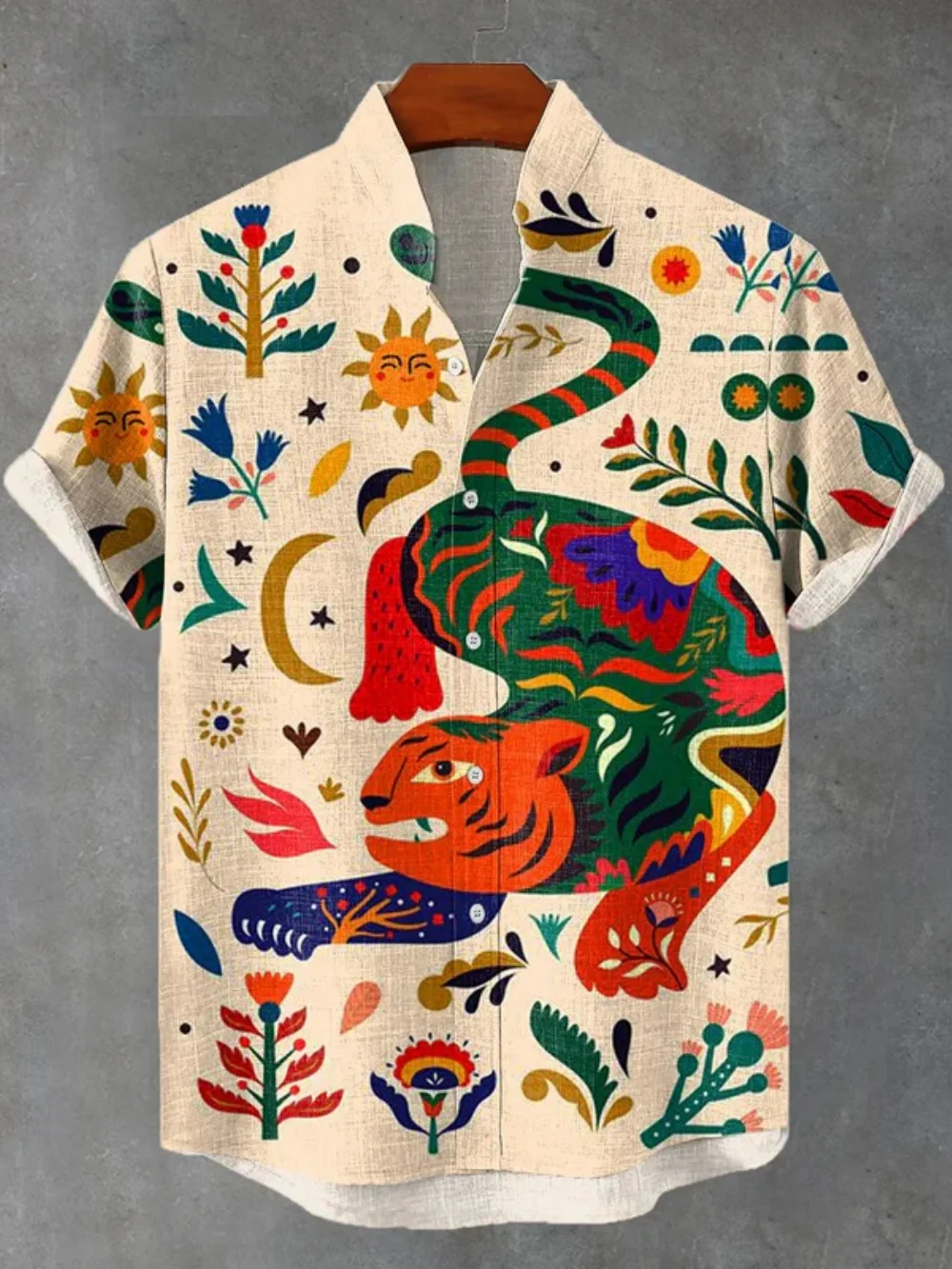 

Men's Fashionable Stand up Collar Linen Shirt Abstract 3D Print Short Sleeve Button up Casual Vacation Wedding Attire