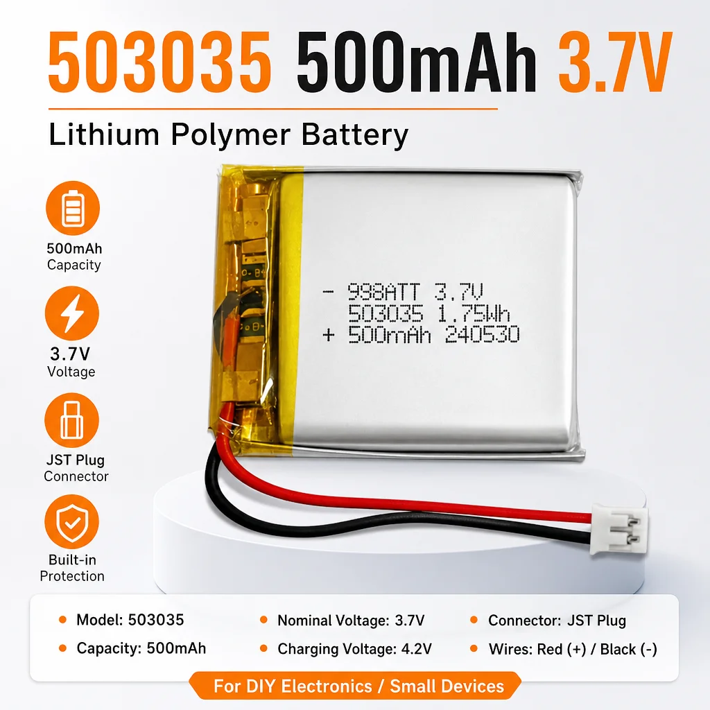 3.7V 500mAh 503035 LiPo Battery Lithium Polymer Rechargeable Battery for GPS DVD Navigation Smart Band MP3 MP4 Audio Speaker
