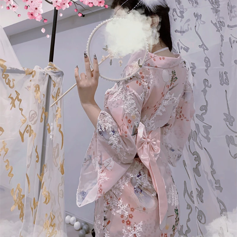 Sexy Embroidery Sakura Kimono Japanese Clothes Seductive Pink Blue Classical See-through Robe Passion Bathrobe Belt Pajamas Suit