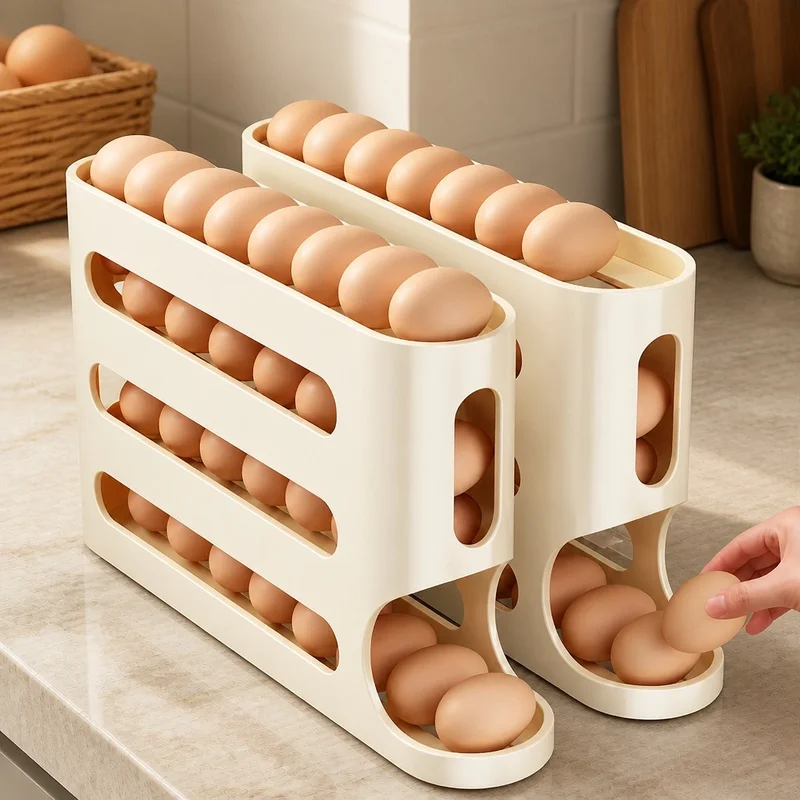 4-Tier Ladder-Style Egg Holder for Refrigerator Side Door with Auto Rolling and Spacious Storage