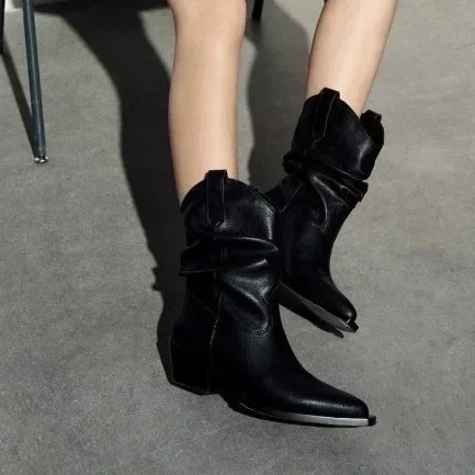 Pu Leather Chelsea Boots for Women Autumn Winter New Chunky Heeled Cowboy Boots Woman Loose Tube Mid-calf Pleated Western Bootie