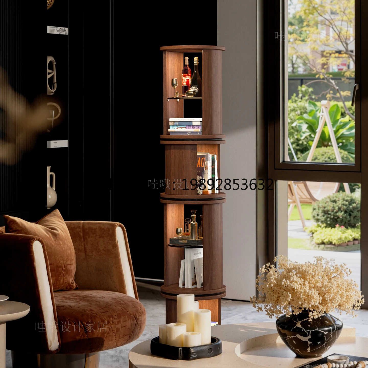 LYY Bamboo Section Rotating Bookshelf Solid Wood Floor-standing Book and Newspaper Rack Vintage Style Retro Display Cabinet