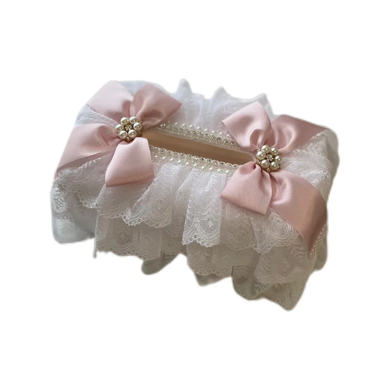 

New Korean white romantic lace tissue box cover retro pearl bow decorative fabric pumping carton