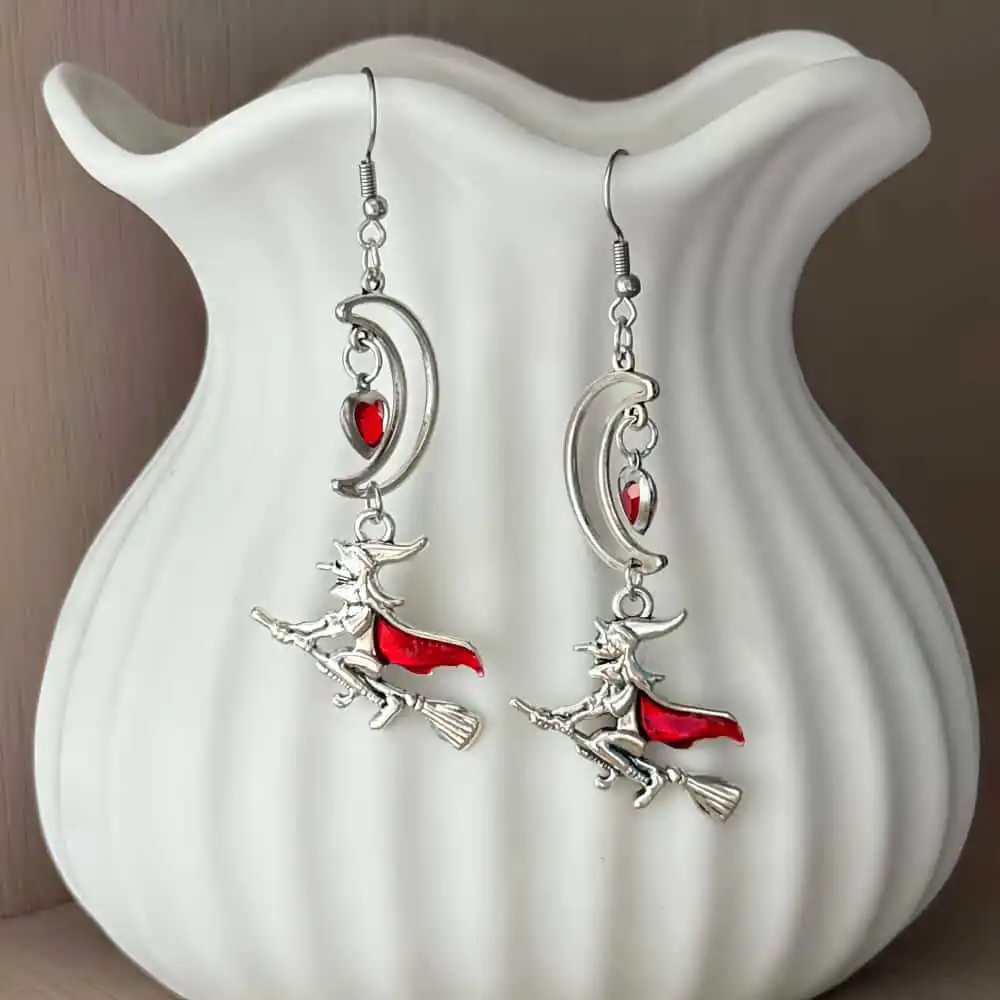 Moon Witch Earrings, Gothic Jewelry, Witching Accessories, Paganism, Heart, Broom, Cloak, Magic, Earhook for Women Girls,Trendy